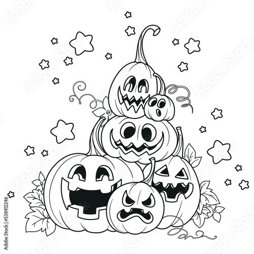 Many of Halloween pumpkins lanterns outlined for coloring page isolated on white