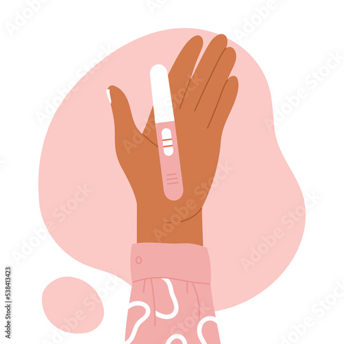 Female hand holding a pregnancy test with a positive result. Pregnancy and waiting for the birth of a child. Vector illustration in cartoon style. Isolated white background