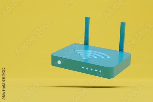 router for distributing the Wi-Fi signal. router with a Wi-Fi icon on a yellow background. 3D render