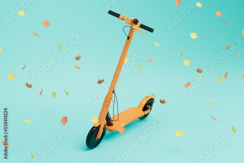 the concept of movement on an electric scooter. a yellow electric scooter around which leaves scatter. 3D render