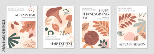 Happy Thanksgiving dinner and harvest posters with pumpkins,foliage and copy space for text.Autumn season covers for invitations,social media marketing,greetings,brochure.Trendy holiday backgrounds.