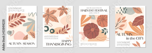 Happy Thanksgiving dinner and harvest posters with pumpkins,foliage and copy space for text.Autumn season covers for invitations,social media marketing,greetings,brochure.Trendy holiday backgrounds.
