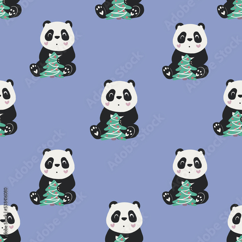 Fototapeta Naklejka Na Ścianę i Meble -  seamless pattern with holiday panda, panda with christmas tree