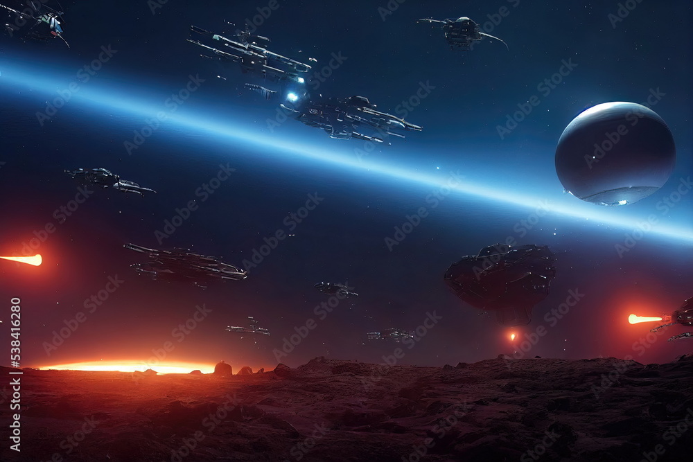 Fototapeta premium Alien Planet sci-fi outer space encounter wallpaper 3D Illustration with copy space 