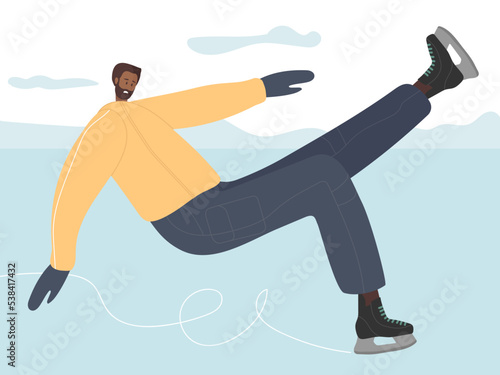 Young man man learns to skate. Man wearing sport clothes and skates falling on ice. Gay slipped on the ice. Active lifestyle and health care. Colored flat cartoon vector illustration. Winter sports