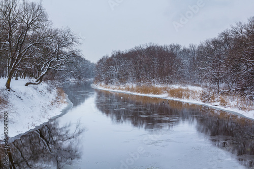 Fototapeta Naklejka Na Ścianę i Meble -  quiet river among snowbound forest, winter natural landscape