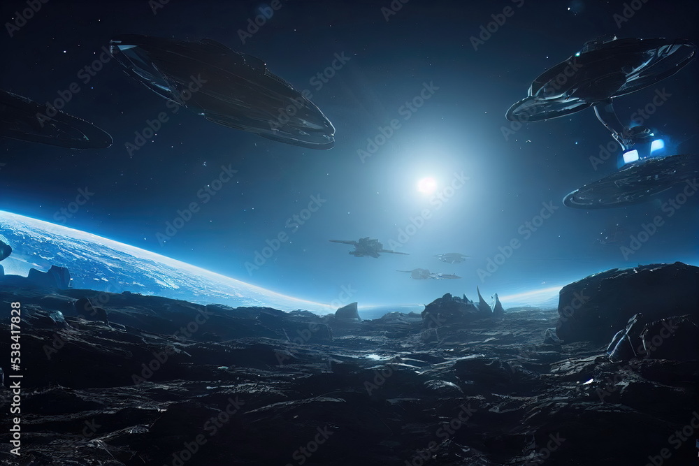 Alien Planet sci-fi outer space encounter wallpaper 3D Illustration with copy space Alien Planet sci-fi outer space encounter wallpaper 3D Illustration with copy space