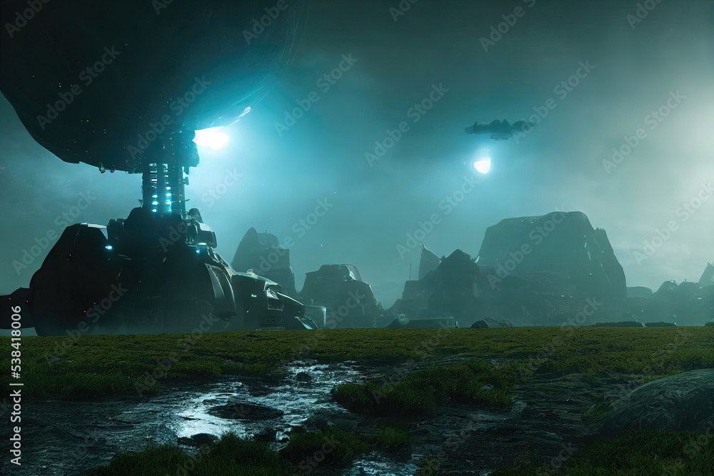 Alien Planet sci-fi outer space encounter wallpaper 3D Illustration with copy space 