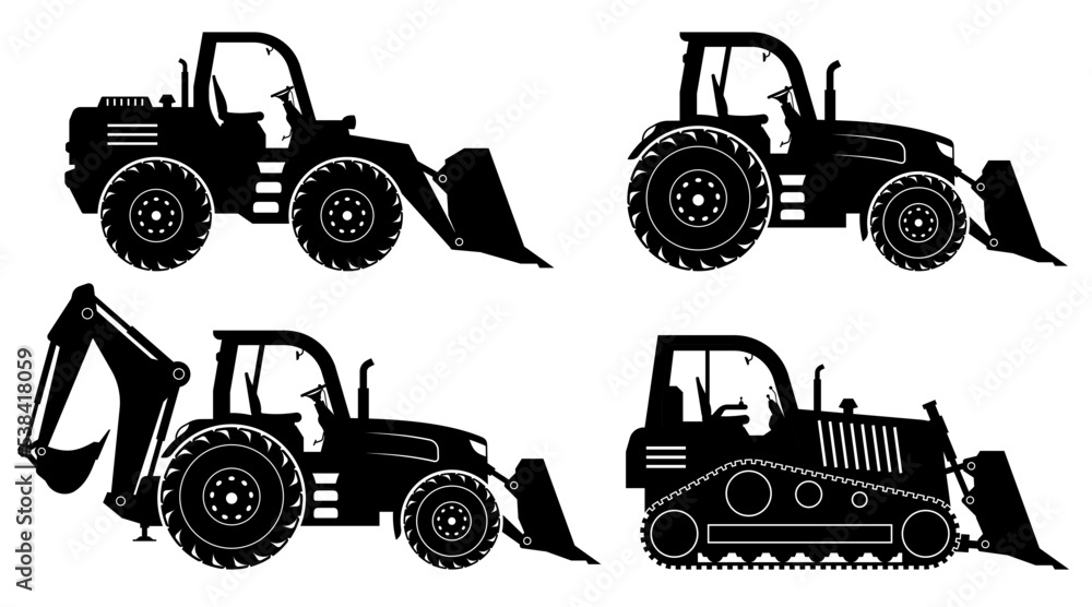 Bulldozers and backhoe silhouette on white background. Construction and mining vehicle icons set view from side.