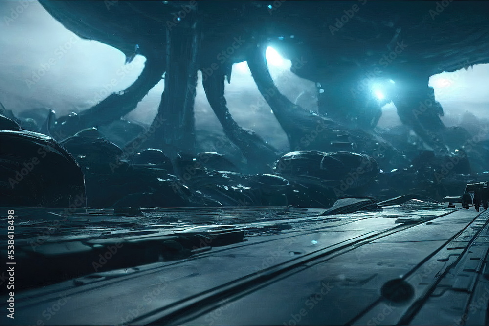 Fototapeta premium Alien Planet sci-fi outer space encounter wallpaper 3D Illustration with copy space 