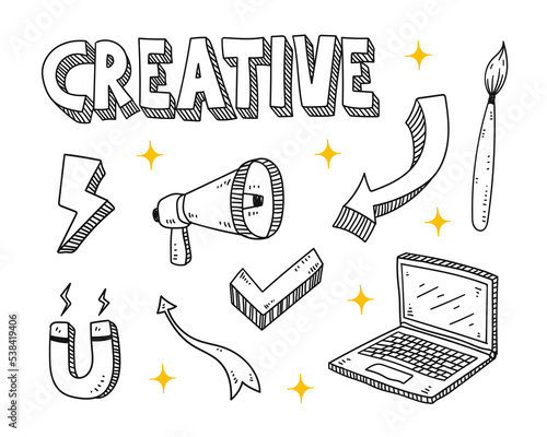 Set of hand drawn doodle business icons. Vector illustration isolated on white background