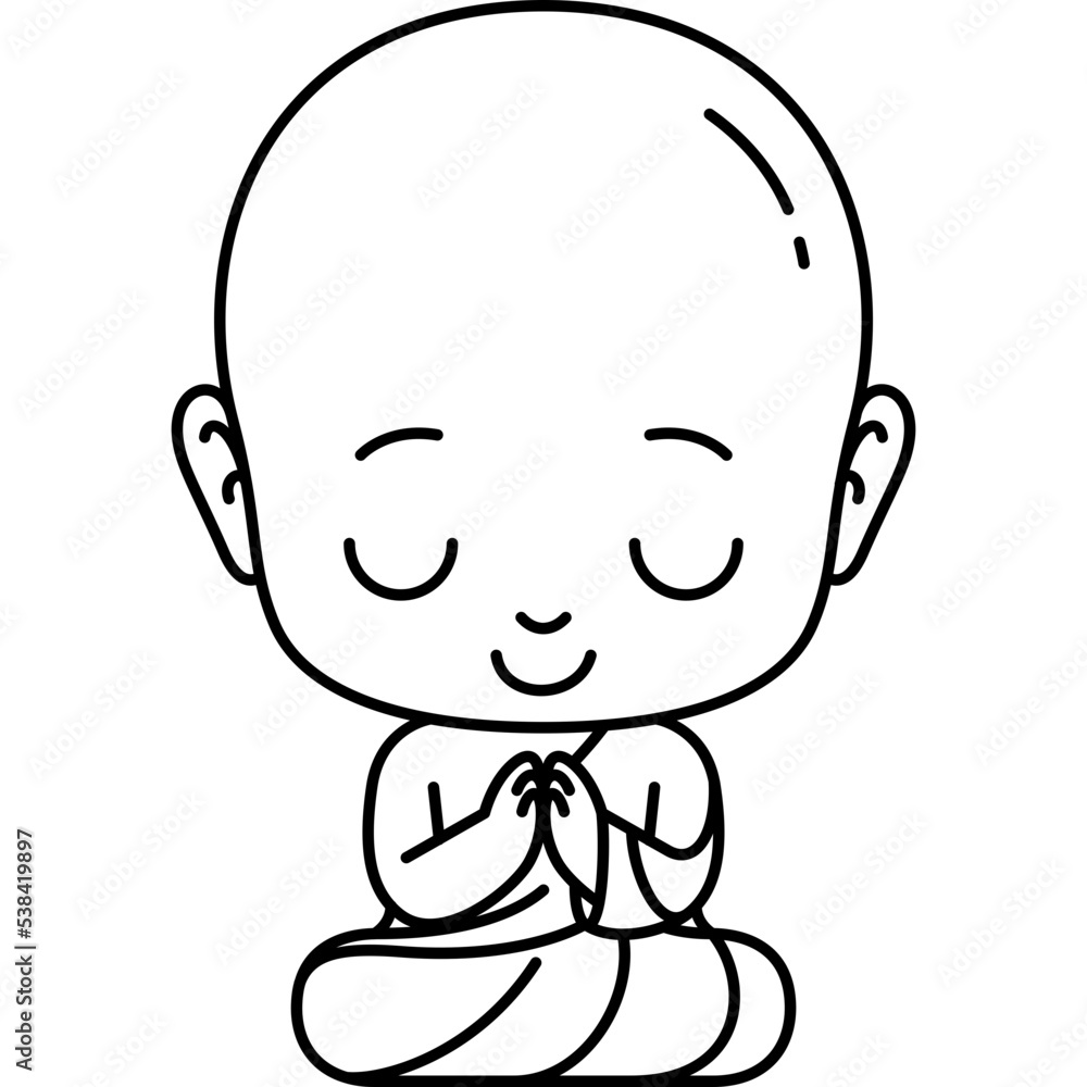 cute monk meditate and greeting with hand gesture line art illustration for website, web, application, presentation, printing, document, poster design, etc.