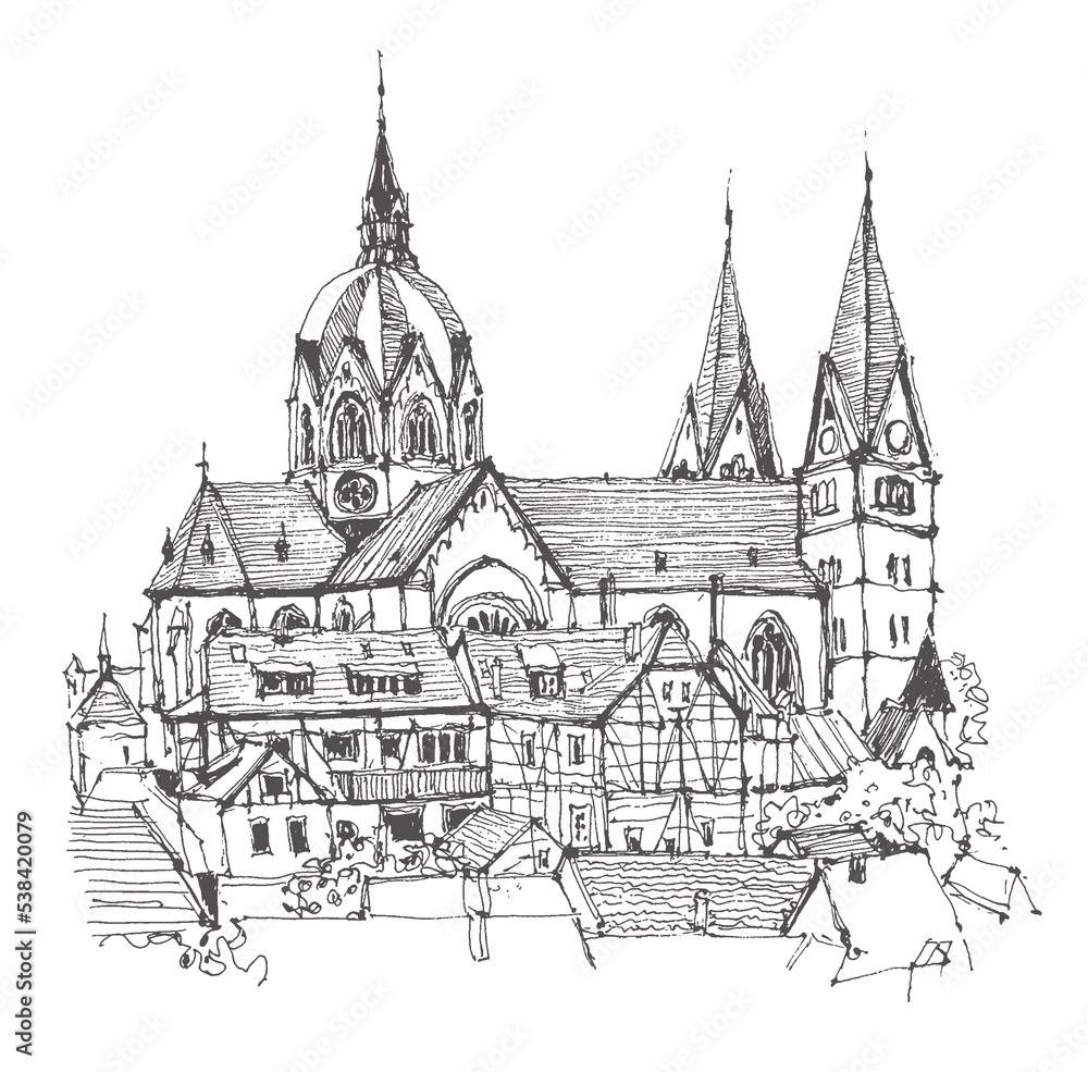 Travel sketch of St. Peter 's Church of Heppenheim, Bergstrasse, Germany. Freehand drawing. Hand drawn travel postcard. Urban sketch in black color on white background. Building line art.