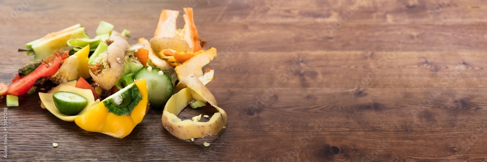 Vegetable And Fruit Peelings On Table Vegetable And Fruit Peelings On Table