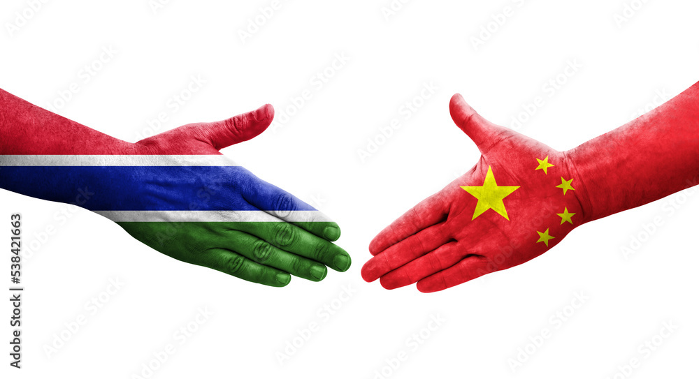 Handshake between China and Gambia flags painted on hands, isolated transparent image.