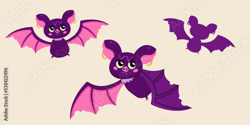 Collection of cartoon Halloween bat hanging upside down on a branch. Design for Halloween; Halloween mood. Woodland in the background with moon. Vector illustration