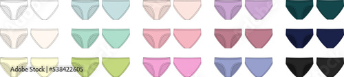 Set of girls knickers technical sketch illustration. Children's underpants collection. Casual panties isolated template bundle.