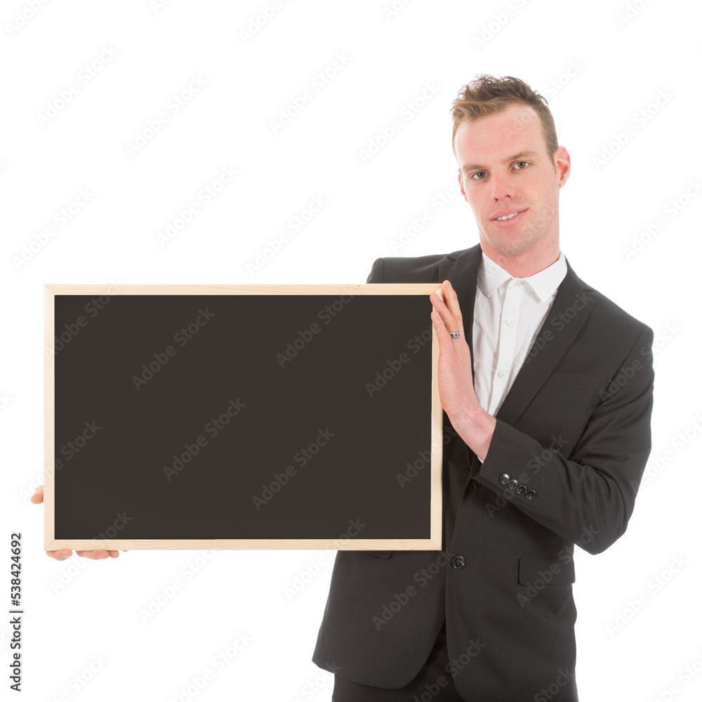 Business man holding empty chalkboard beside of his body isolated on transparent background Business man holding empty chalkboard beside of his body isolated on transparent background