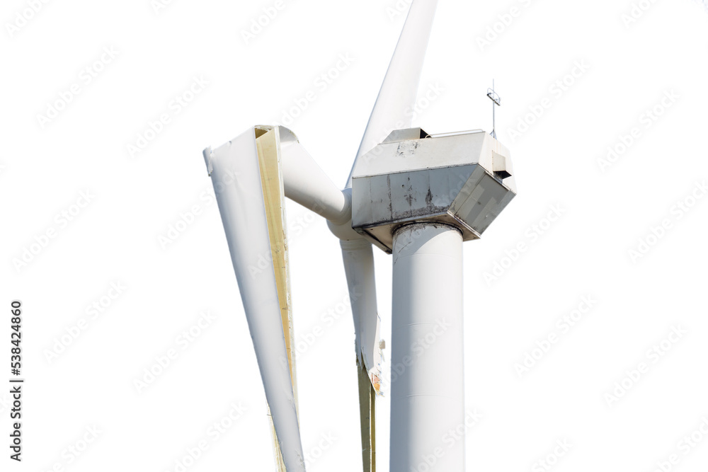 Wind turbine with broken wings after a heavy storm in the Netherlands isolated on transparent background Wind turbine with broken wings after a heavy storm in the Netherlands isolated on transparent background