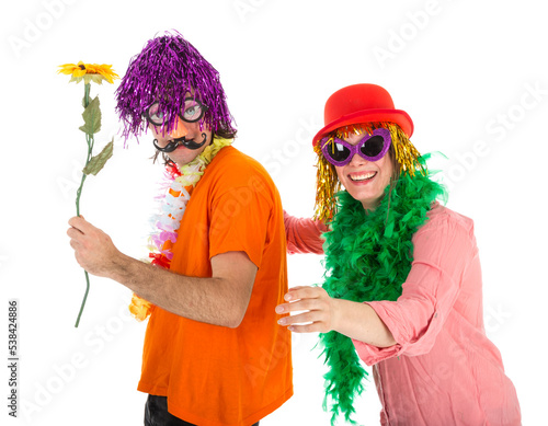 Quadro su tela Man and Woman dressed in carnival costumes dancing a polonaise isolated on trans