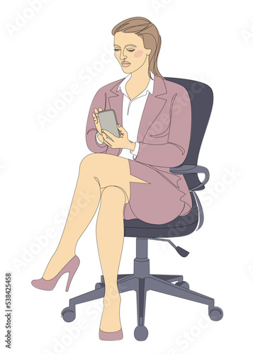 Silhouette of a girl in a modern single line style. A woman is sitting on a chair, talking on the phone. Continuous line, outline, posters, wall art, stickers, logo. Vector illustration.