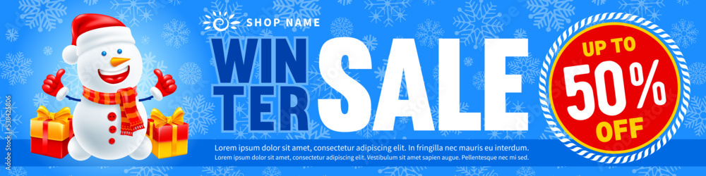 Christmas and New Year holidays winter sale. Advertising banner template with cute snowman, smiling and showing thumbs up, snowflakes and gifts on blue background, place for text. Vector illustration Christmas and New Year holidays winter sale. Advertising banner template with cute snowman, smiling and showing thumbs up, snowflakes and gifts on blue background, place for text. Vector illustration