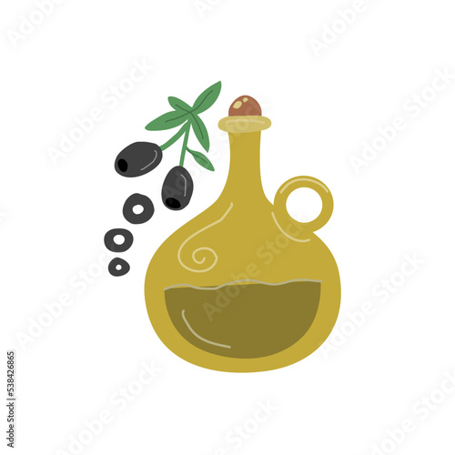 Olive oil. Hand drawn olives with leaves, glass bottle isolated on white back...