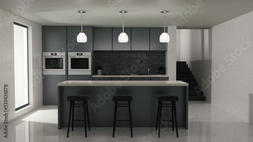 Contemporary interior design of the kitchen with gray and white furniture, modern lamps above island and chairs. Stylish interior of the dining area. 3d visualization animation of interior