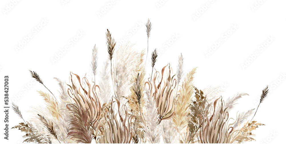 Beige pampas grass  border painted with watercolor. Boho dried grass neutral colors set. Botanical nature design isolated on white. Bohemian style wedding invitation, greeting, card, postcard,  - obrazy, fototapety, plakaty 