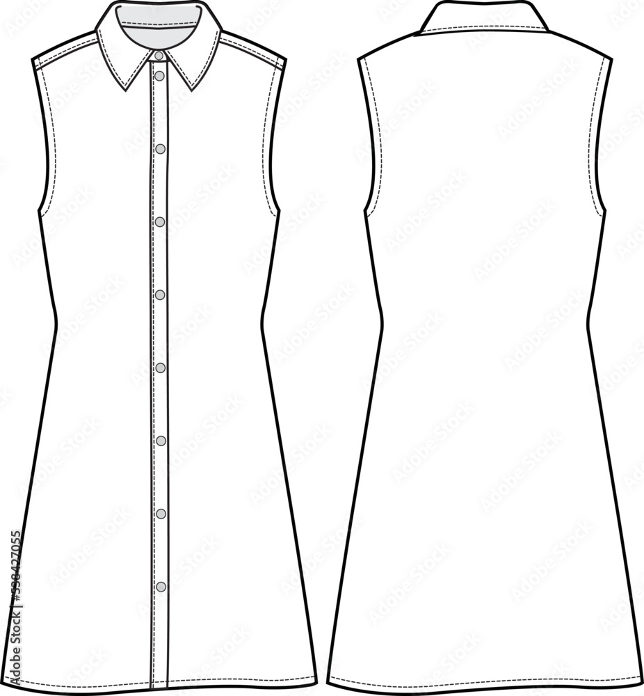 Women sleeveless shirt dress design with collar flat sketch fashion ...