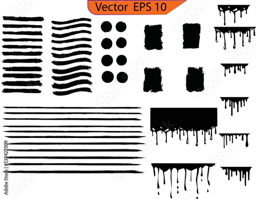 Black paint, ink brush strokes, brushes, lines set. Ink brush strokes bundle. Brush strokes text boxes. Vector paintbrush set. Grunge design elements. Dripping design element. Drip. Original textures