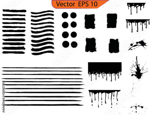 Black paint, ink brush strokes, brushes, lines set. Ink brush strokes bundle. Brush strokes text boxes. Vector paintbrush set. Grunge design elements. Dripping design element. Drip. Original textures