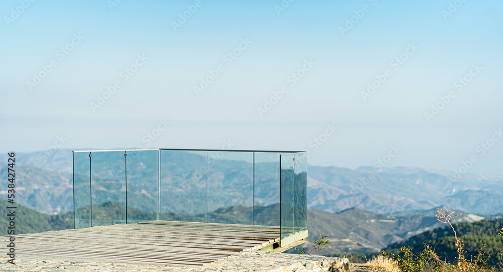 glass panoramic observation deck and mountains