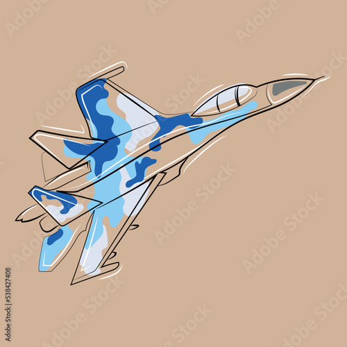 Jet fighter Sukhoi Su-27 vector illustration.Fighter aircraft flying in the sky line drawing in modern minmal art style,poster,print,logo,icon.