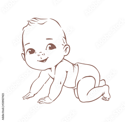 Cute little baby boy in diaper. Active baby of 3-12 months. First year baby development. Newborn crawling and smiling. Happy healthy baby Caucasian ethnic. Line vector illustration.