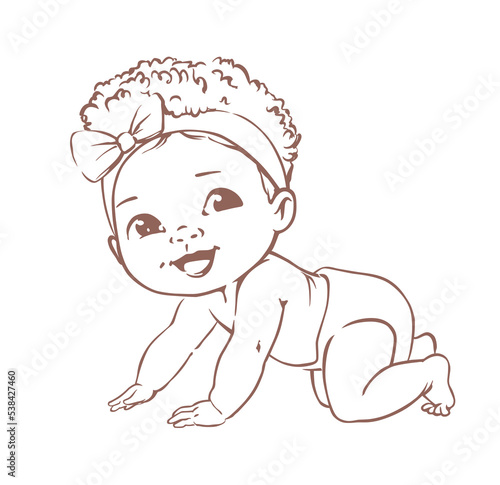 Cute little baby girl in diaper. Active baby of 3-12 months. First year baby development. Dark skin newborn crawling and smiling. Happy healthy baby African ethnic. Line vector illustration.