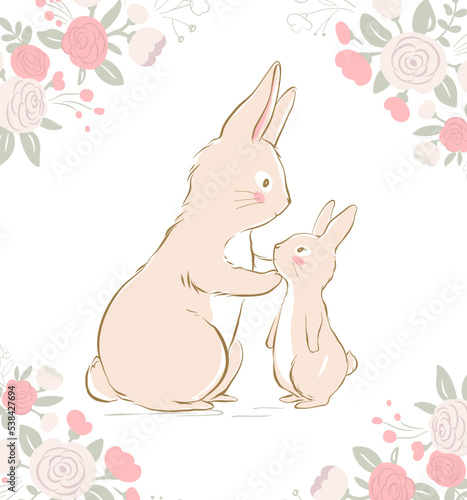 Vector illustration of the mother bunny and baby bunny. Mother and baby rabbits surrounded by rose flowers frame