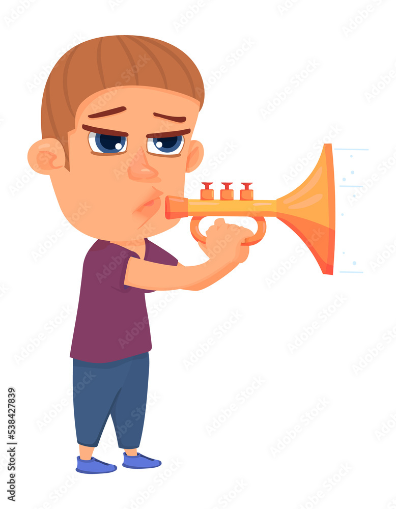 Boy playing trumpet. Kid blowing brass horn Boy playing trumpet. Kid blowing brass horn