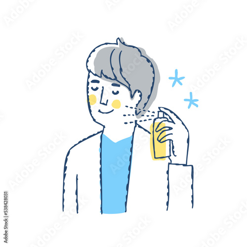 自分の首元にスプレーしている男性
