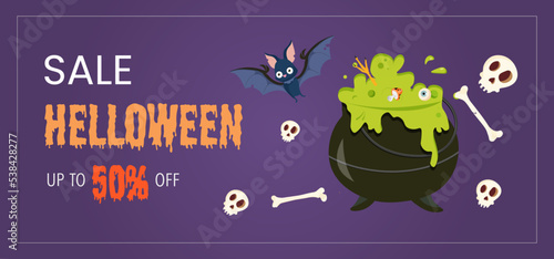 Happy Halloween promo sale flyer with Halloween elements. Cauldron with brewing potion, flying bats, spider. Starry night and full moon. Vector illustration for poster, banner, special offer.