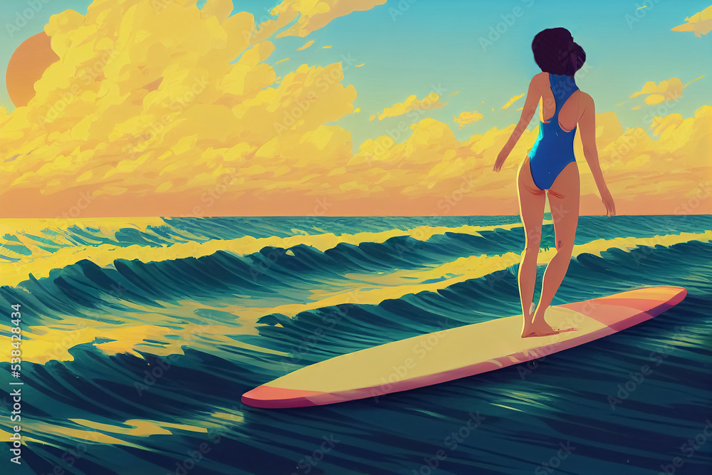 3d illustration of woman catch the waves on serfboard in sea
