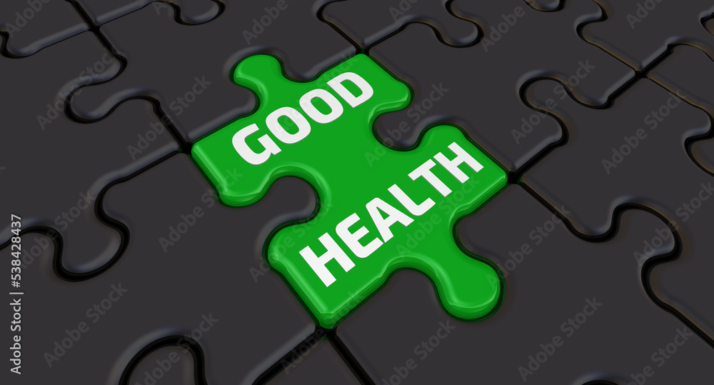 Good health. The text on the green puzzle. Folded black puzzles elements and one green with white text GOOD HEALTH. 3D illustration Good health. The text on the green puzzle. Folded black puzzles elements and one green with white text GOOD HEALTH. 3D illustration