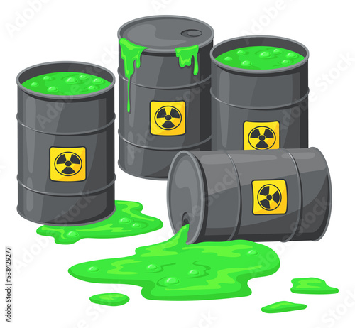 Bild auf Leinwand Radioactive waste barrels with spilling green poison liquid