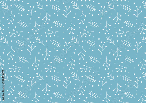 Christmas pattern with spruce branches. berries and stars. Vector illustration.