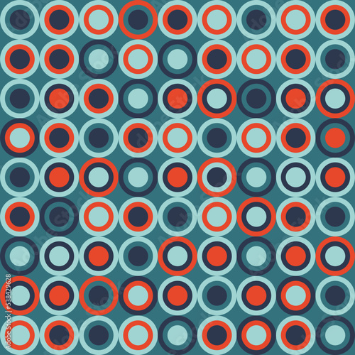 Abstract geometrical round shapes, 60s style retro christmas modern seamless repeat pattern. Multicolored, vector polka dot all over surface print background.