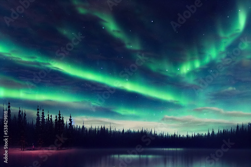 landscape 3d illustration northern lights on the picturesque view over the lake and mountains