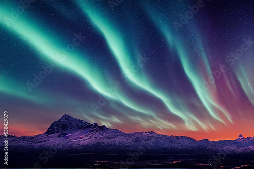 landscape 3d illustration northern lights on the picturesque view over the lake and mountains