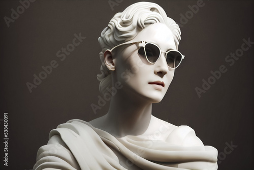 illustrarion of portrait of a woman made of plaster gypsum statue with stylish modern sunglasses photo