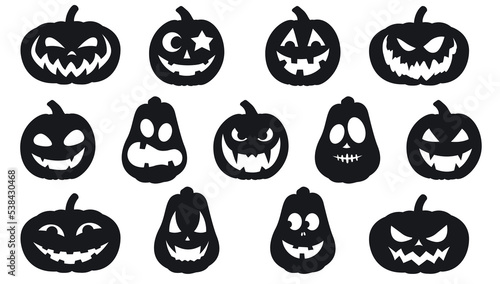 Collection of funny Halloween pumpkins silhouettes isolated on a white background. Vector illustration