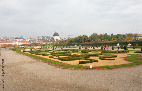 Panoramic view of the main tourist attractions of the city of Vienna from the territory of the Belvedere palace complex and the green park in the baroque style.